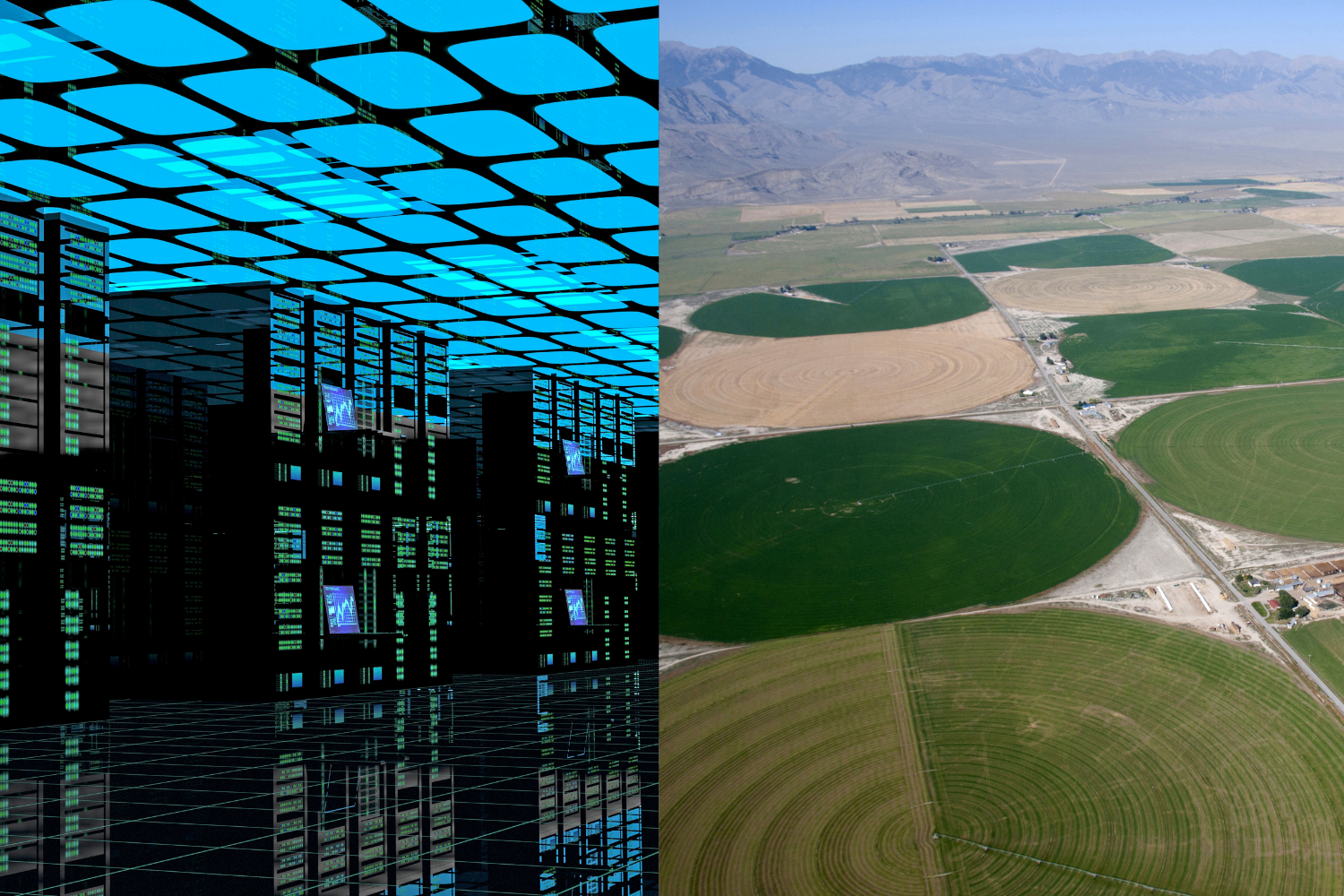 side by side photo of data center (on left) and farmland (on right)